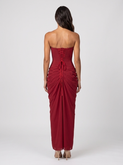 THORA | STRAPLESS SLIT MAXI DRESS - Burgundy