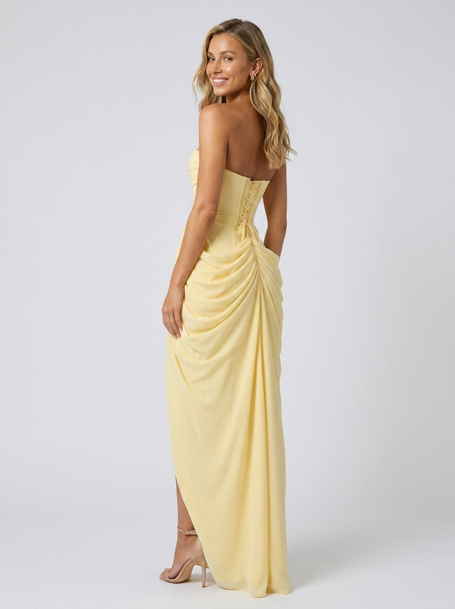 THORA | STRAPLESS SLIT MAXI DRESS - Butter Yellow