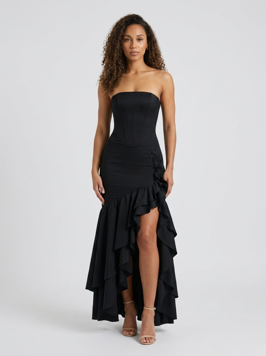 TIERNEY | STRAPLESS RUFFLE MERMAID MAXI DRESS - Black