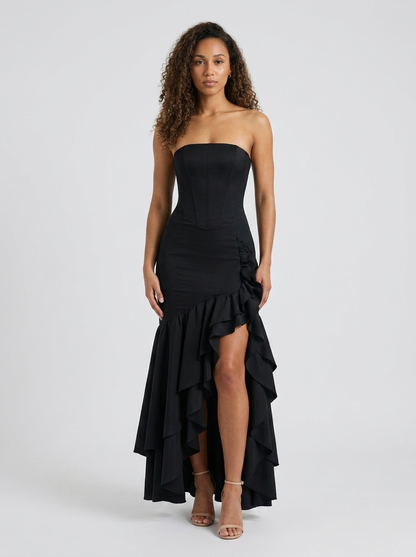 TIERNEY | STRAPLESS RUFFLE MERMAID MAXI DRESS - Black