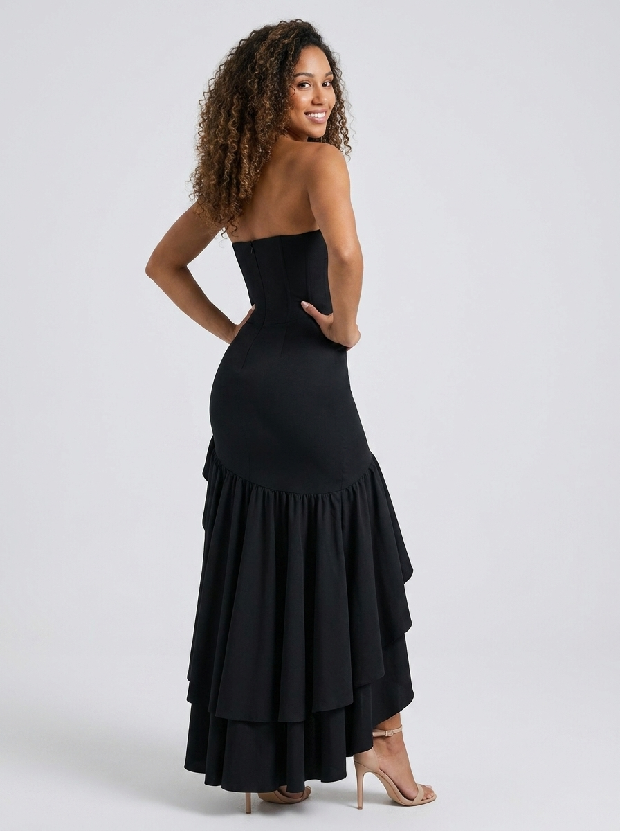 TIERNEY | STRAPLESS RUFFLE MERMAID MAXI DRESS - Black