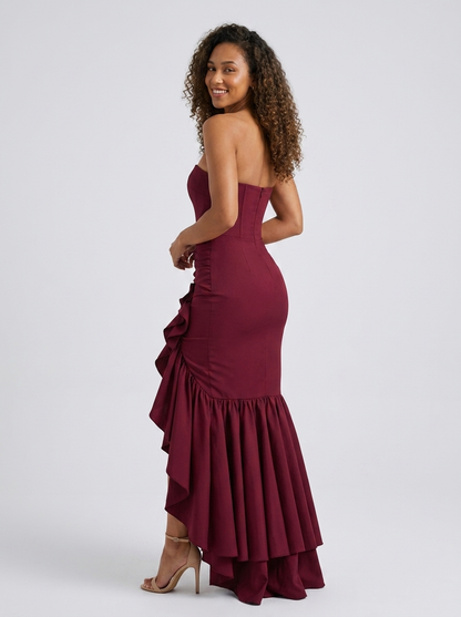 TIERNEY | STRAPLESS RUFFLE MERMAID MAXI DRESS - Burgundy