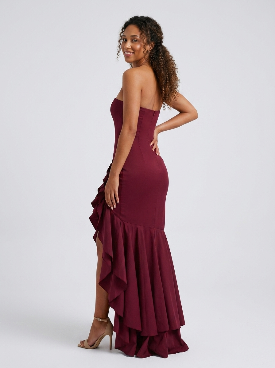 TIERNEY | STRAPLESS RUFFLE MERMAID MAXI DRESS - Burgundy
