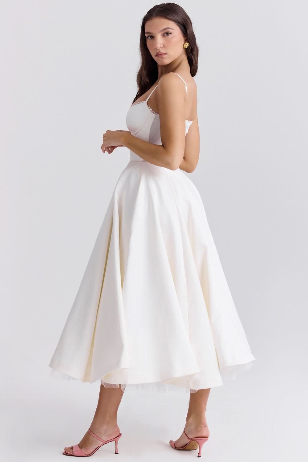 Cream white sweetheart midi dress with full tulle skirt and thin straps