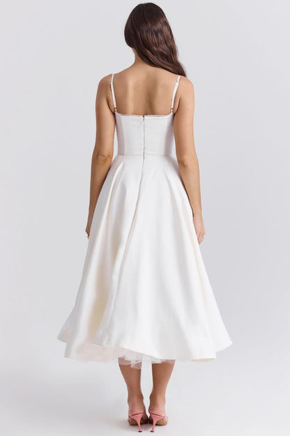 White sweetheart neckline midi dress with full skirt, back view