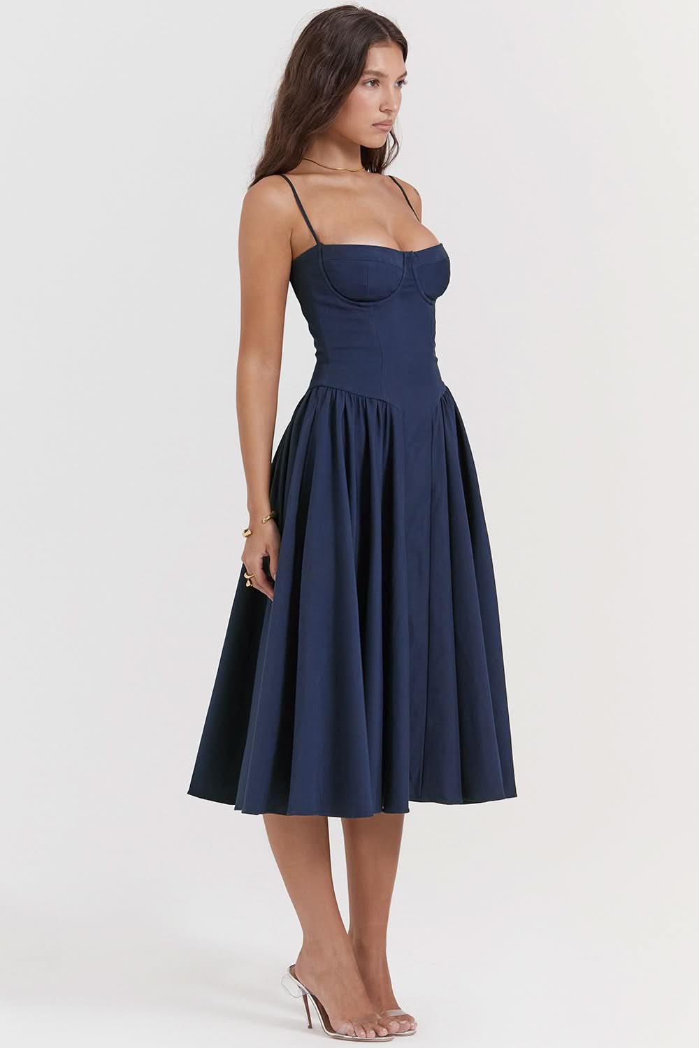 Navy blue bustier midi dress with gathered skirt, front view