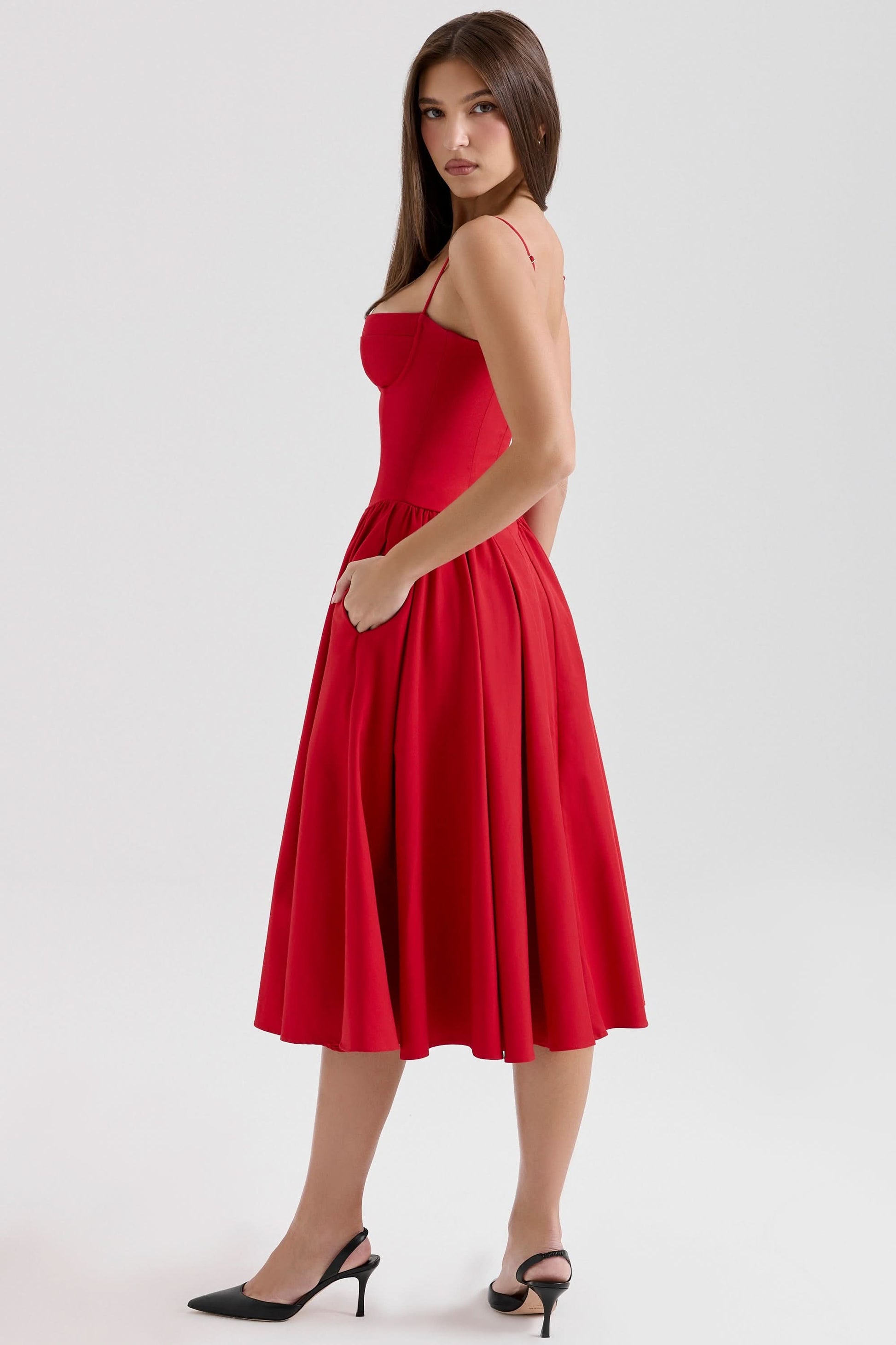 Red sweetheart neckline midi dress with full skirt, side view