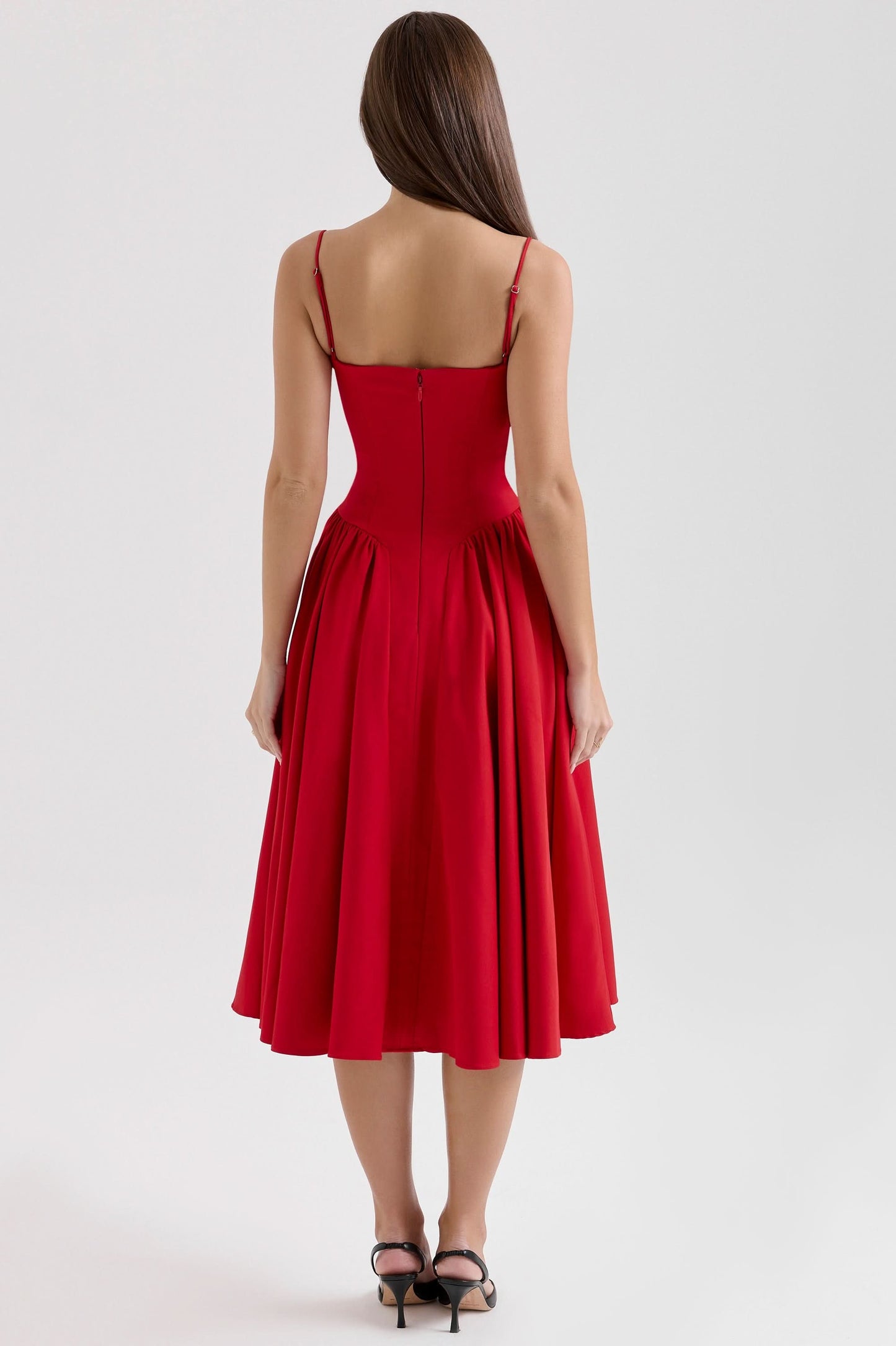 Red strapless midi dress with full skirt, back view