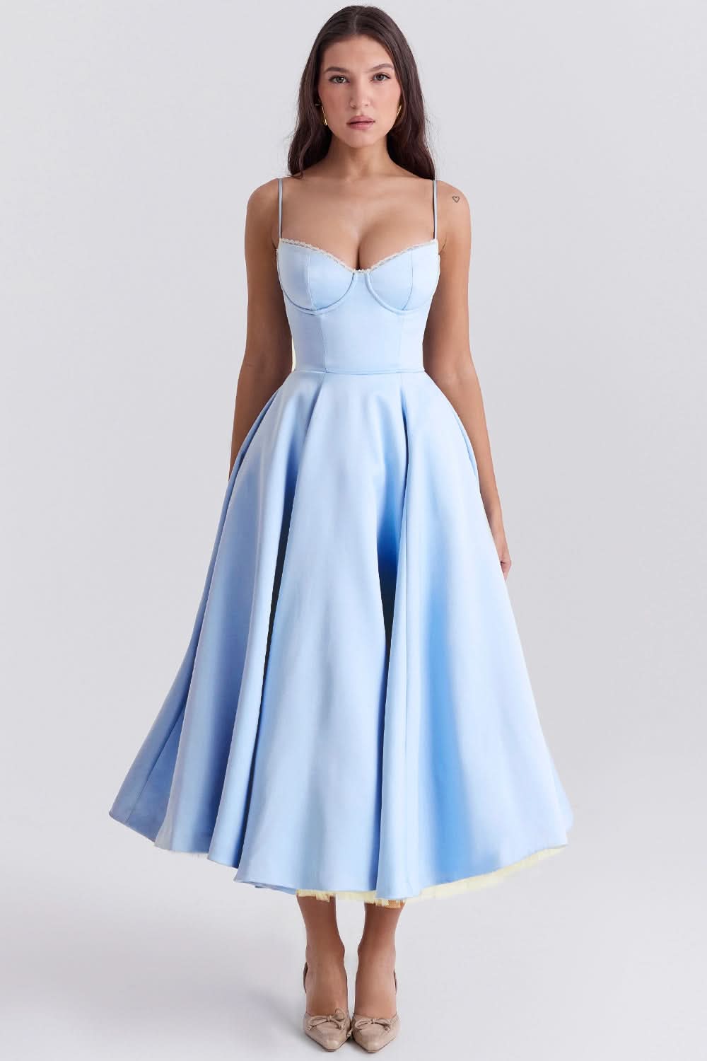 Light blue sweetheart bustier midi dress with full skirt, front view