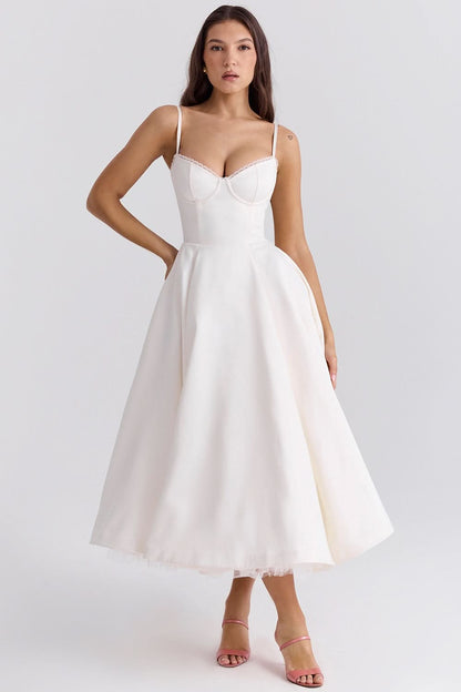 White sweetheart bustier midi dress with tulle skirt, front view