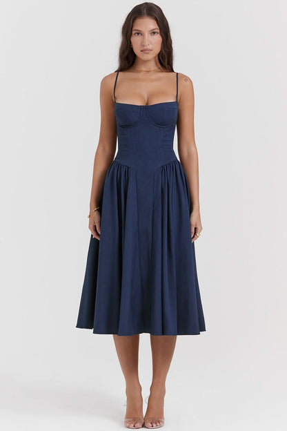 Navy blue sweetheart midi dress with full gathered skirt, front view