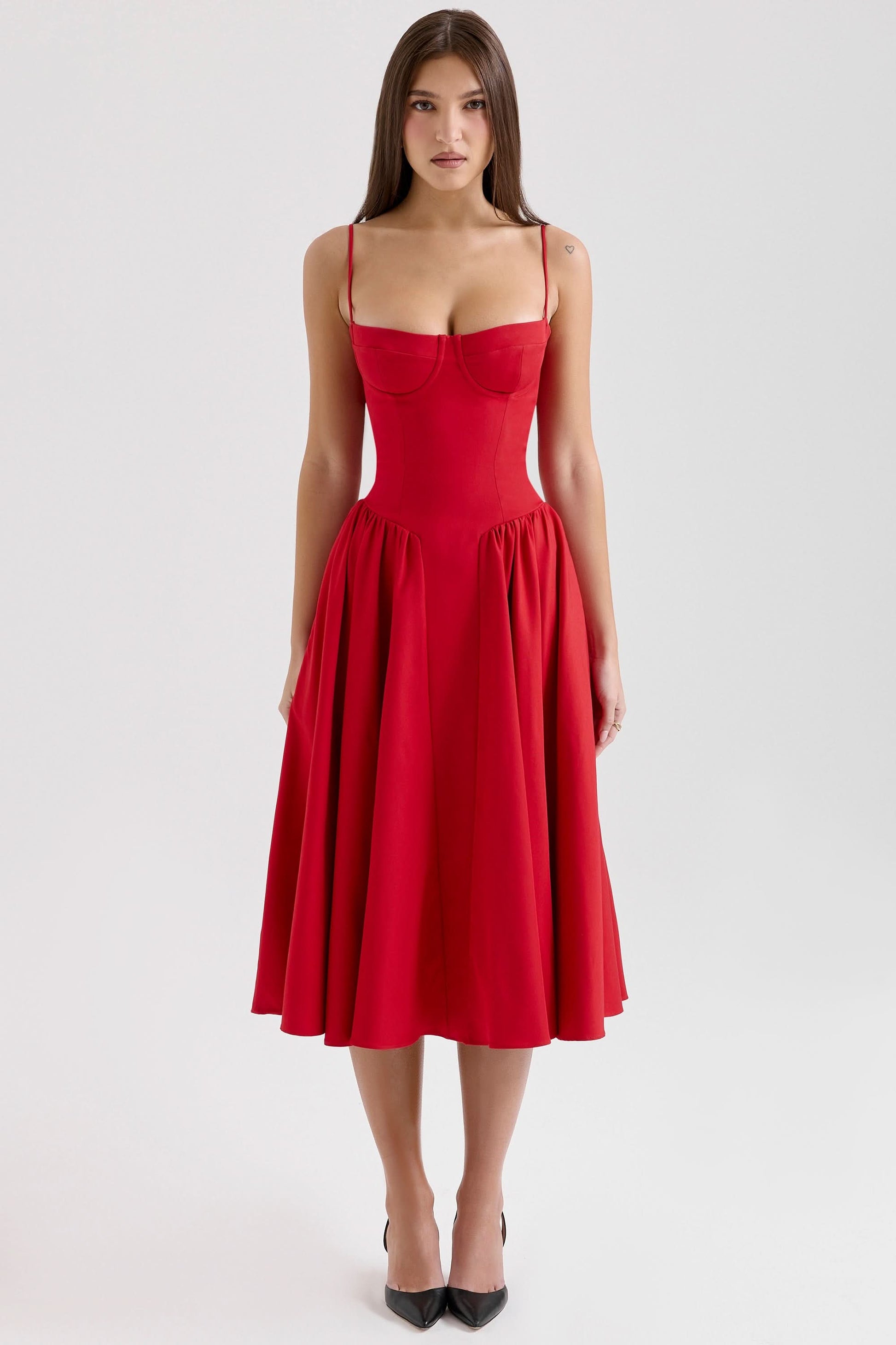 Red sweetheart bustier midi dress with full skirt, front view