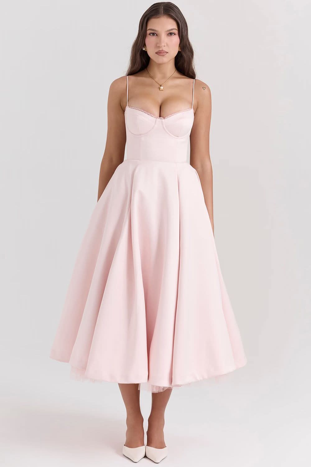 Pink sweetheart neckline midi dress with full tulle skirt and thin straps