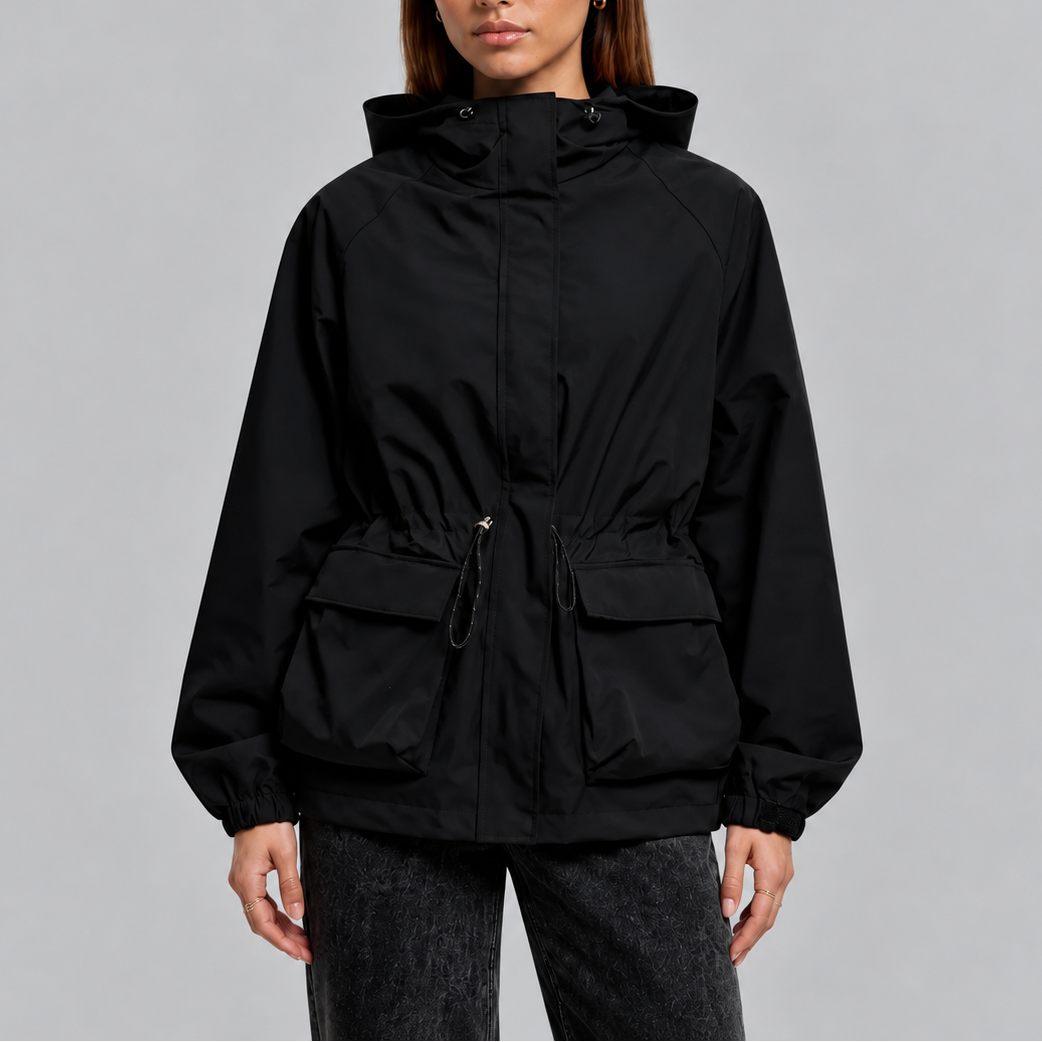 TORI | WATERPROOF DRAWSTRING HOODED JACKET - Black