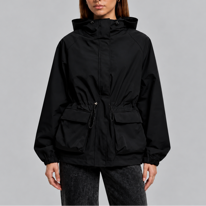 TORI | WATERPROOF DRAWSTRING HOODED JACKET - Black