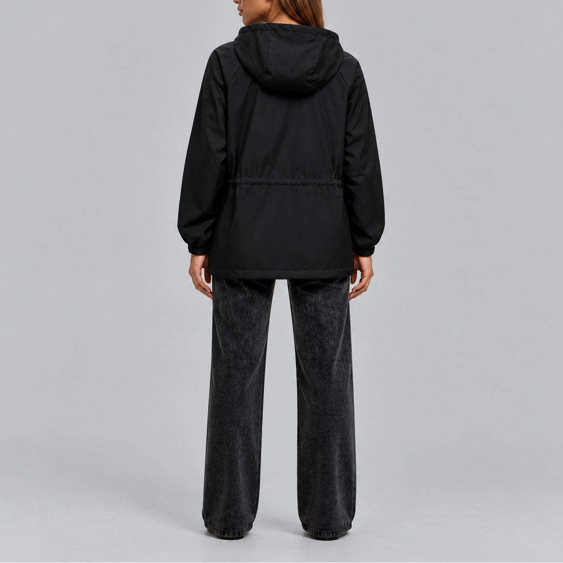 TORI | WATERPROOF DRAWSTRING HOODED JACKET - Black