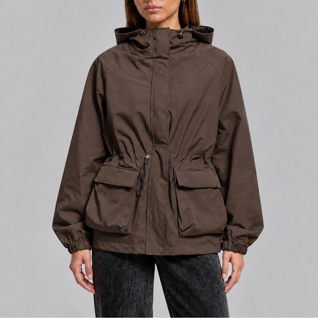 TORI | WATERPROOF DRAWSTRING HOODED JACKET - Brown