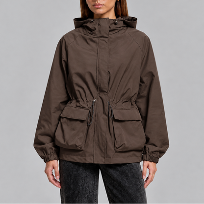TORI | WATERPROOF DRAWSTRING HOODED JACKET - Brown
