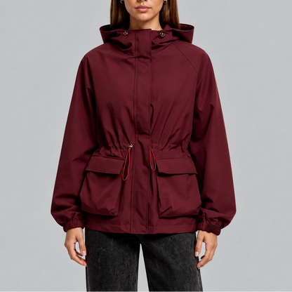 TORI | WATERPROOF DRAWSTRING HOODED JACKET - Burgundy