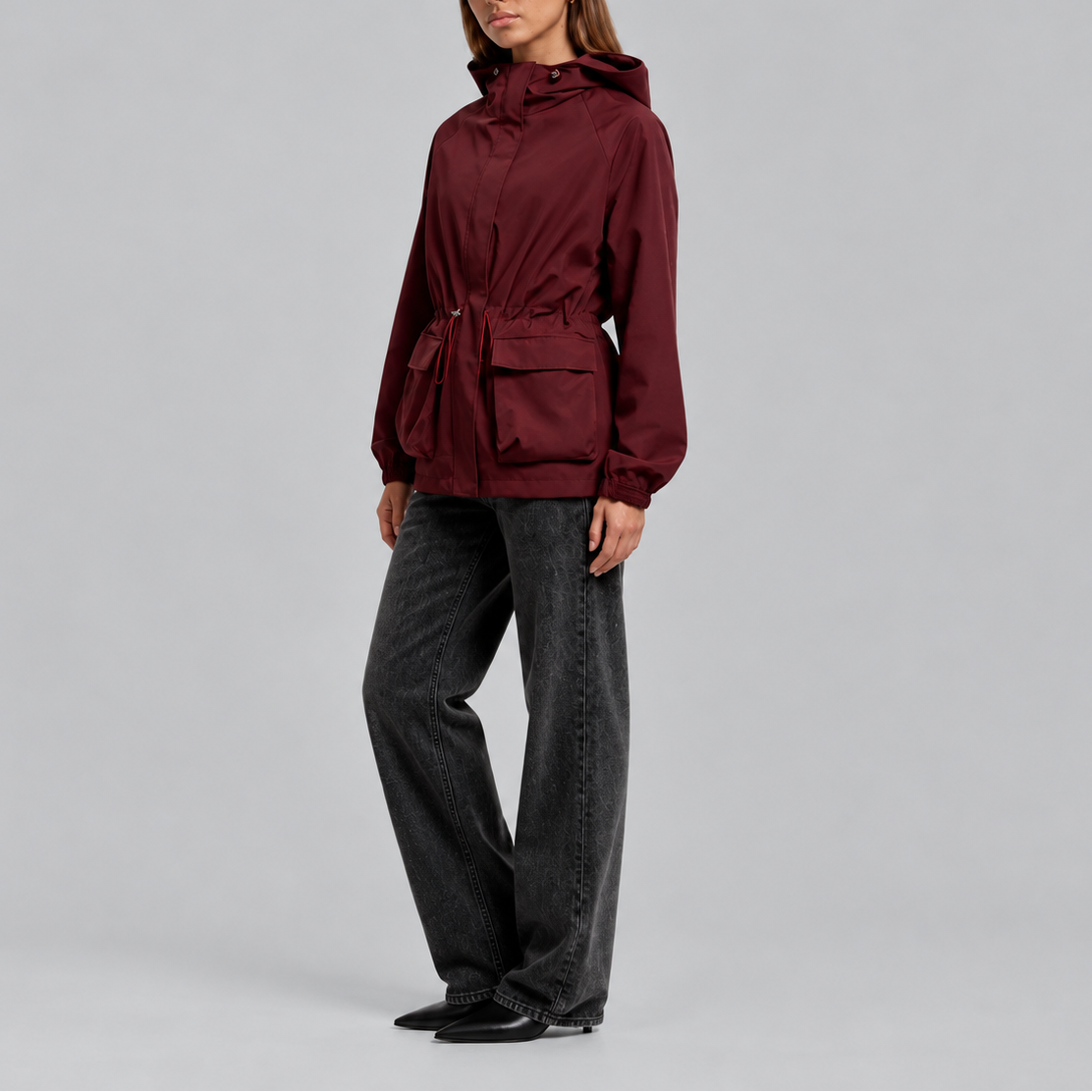 TORI | WATERPROOF DRAWSTRING HOODED JACKET - Burgundy