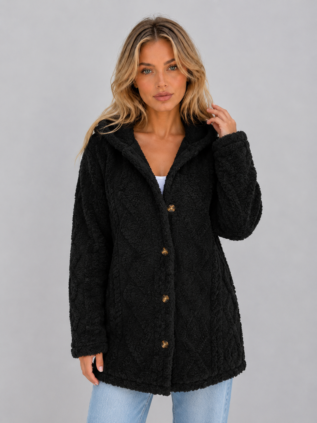 TRISTA | HOODED FLEECE CARDIGAN - Black