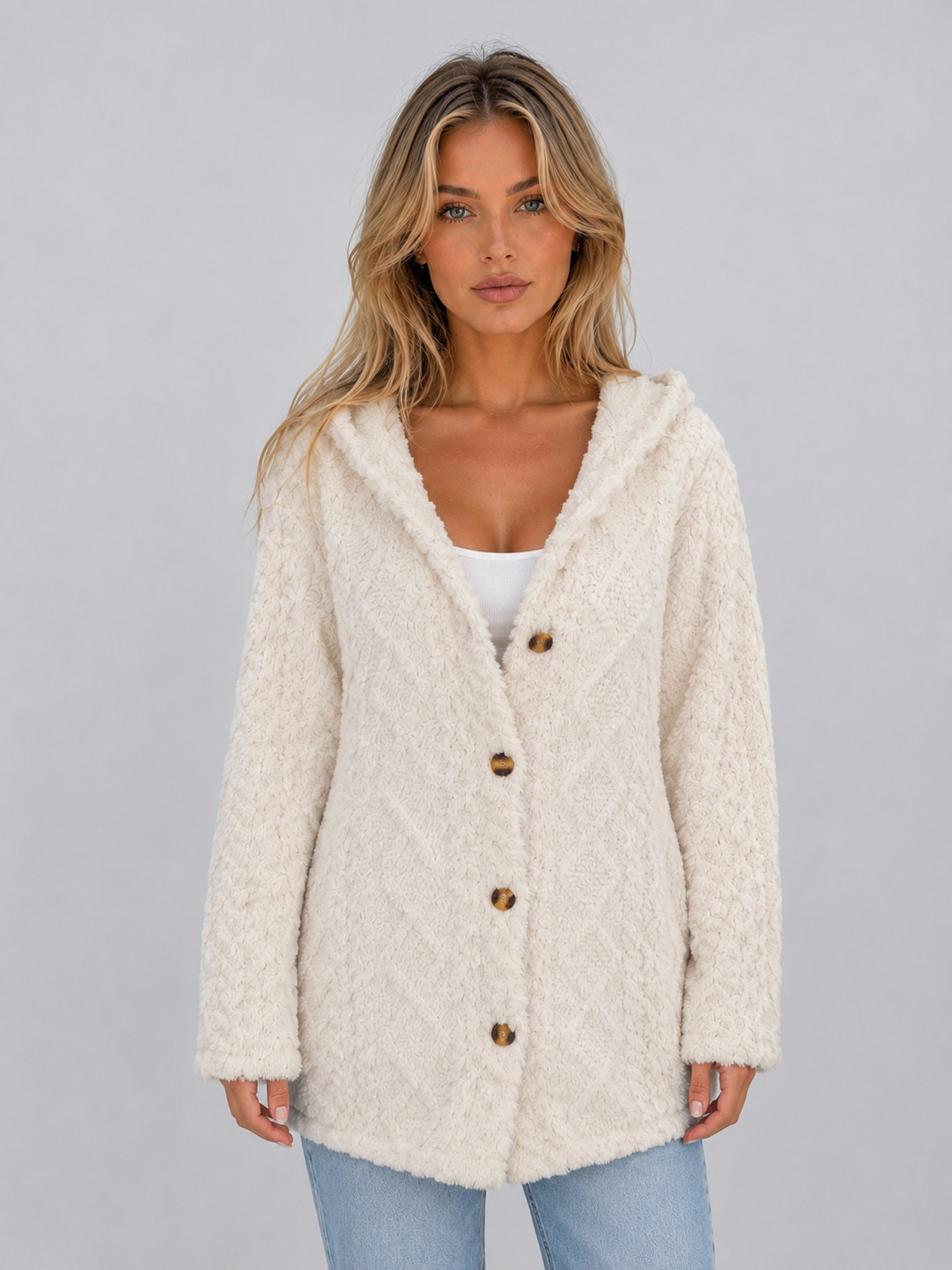 TRISTA | HOODED FLEECE CARDIGAN - Cream