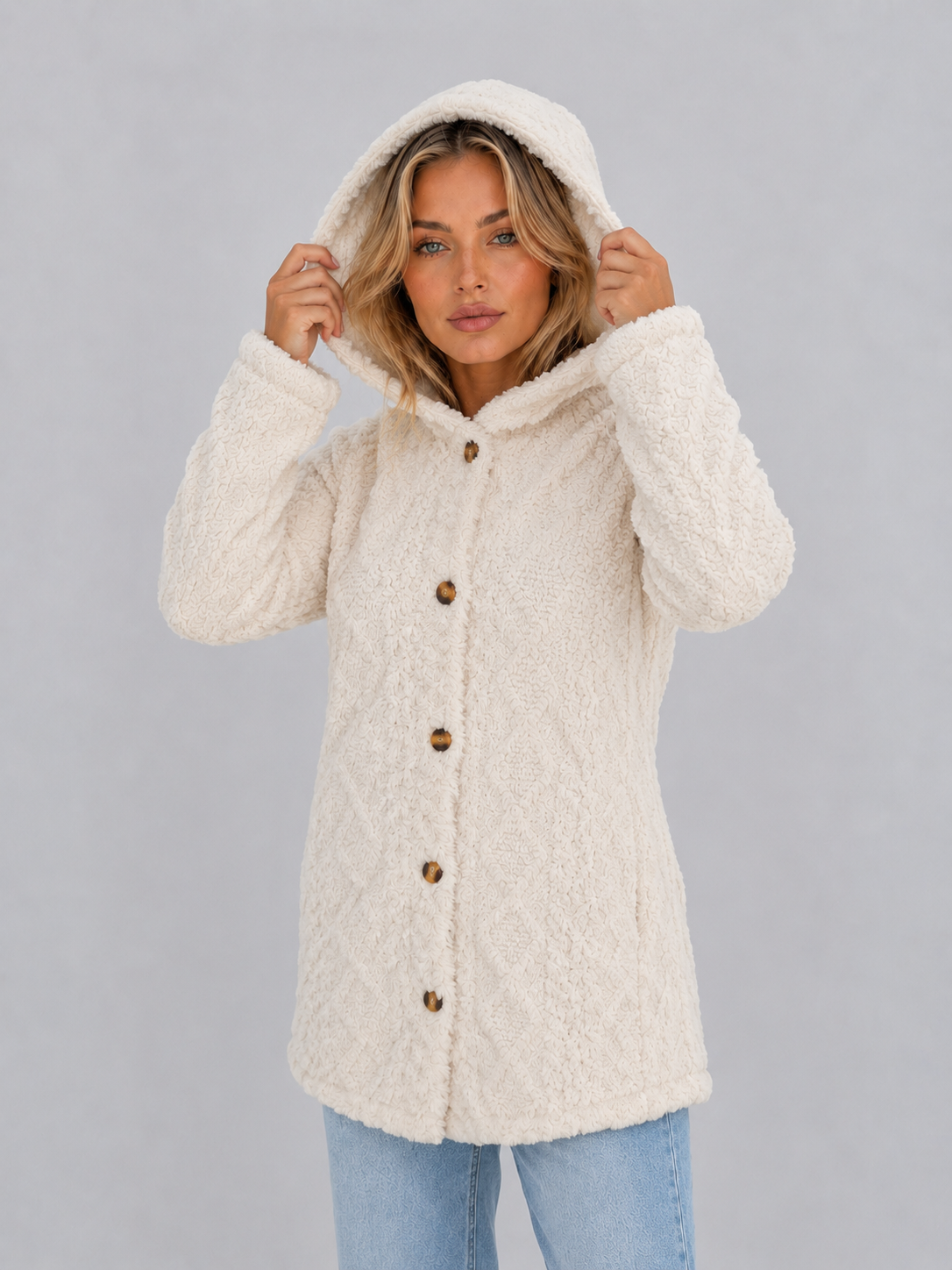 TRISTA | HOODED FLEECE CARDIGAN - Cream