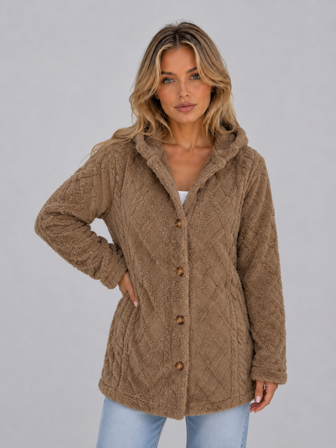 TRISTA | HOODED FLEECE CARDIGAN - Mocha