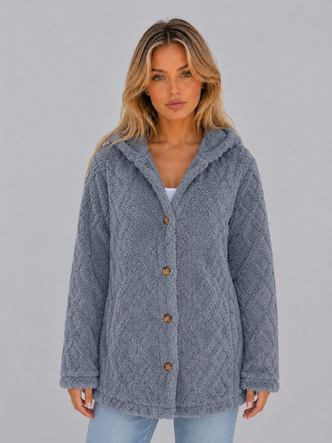 TRISTA | HOODED FLEECE CARDIGAN - Steel Blue