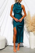 TULLIA | HIGH NECK BELTED SATIN MIDI DRESS - Teal