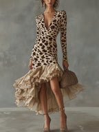 TUVA | LEOPARD RUFFLE HEM MIDI DRESS - Beige Leopard