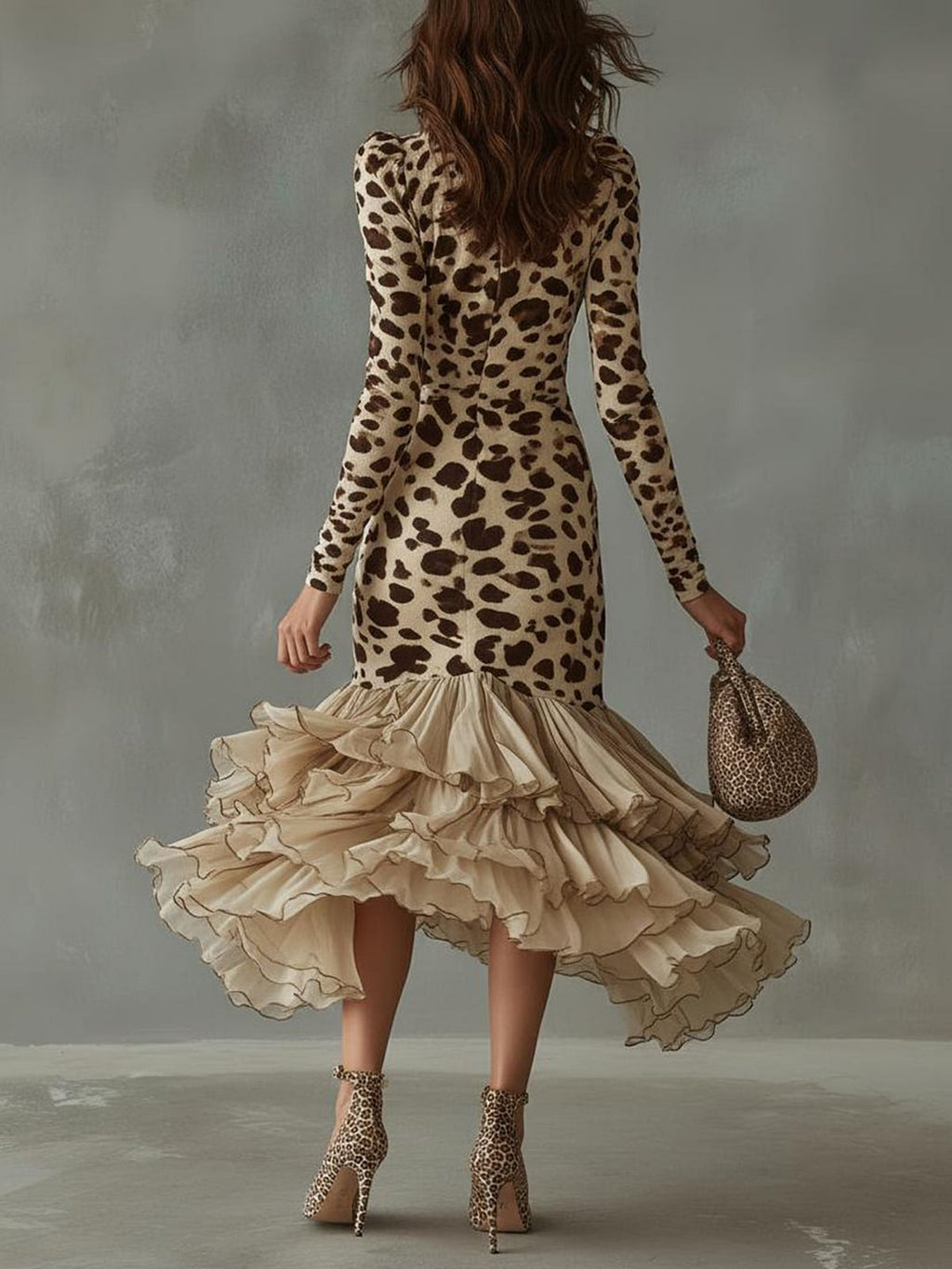 TUVA | LEOPARD RUFFLE HEM MIDI DRESS - Beige Leopard