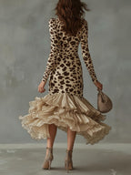 TUVA | LEOPARD RUFFLE HEM MIDI DRESS - Beige Leopard