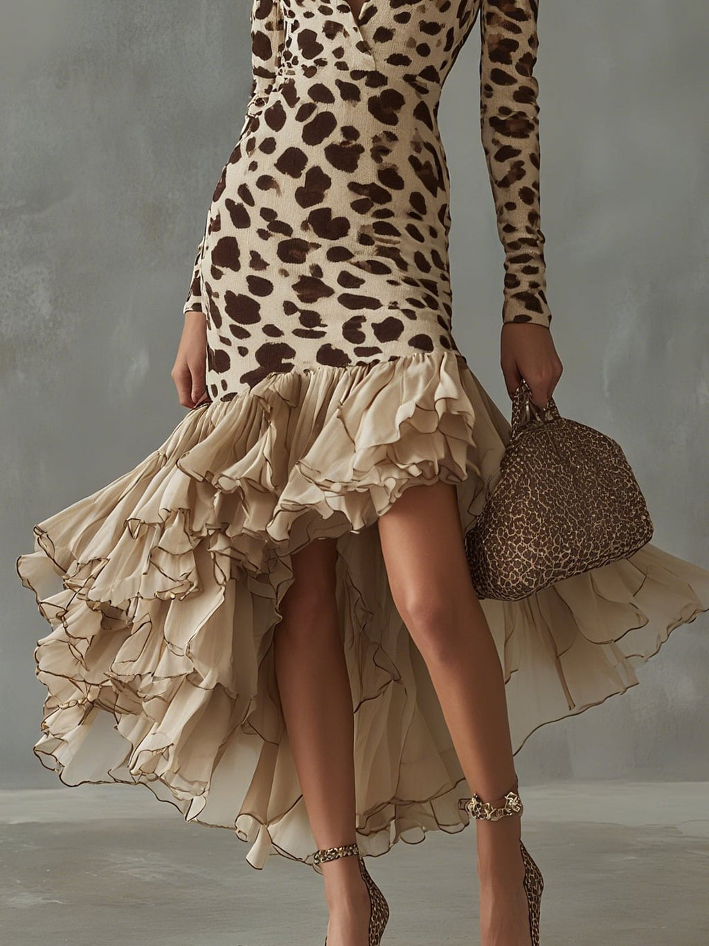 TUVA | LEOPARD RUFFLE HEM MIDI DRESS - Beige Leopard