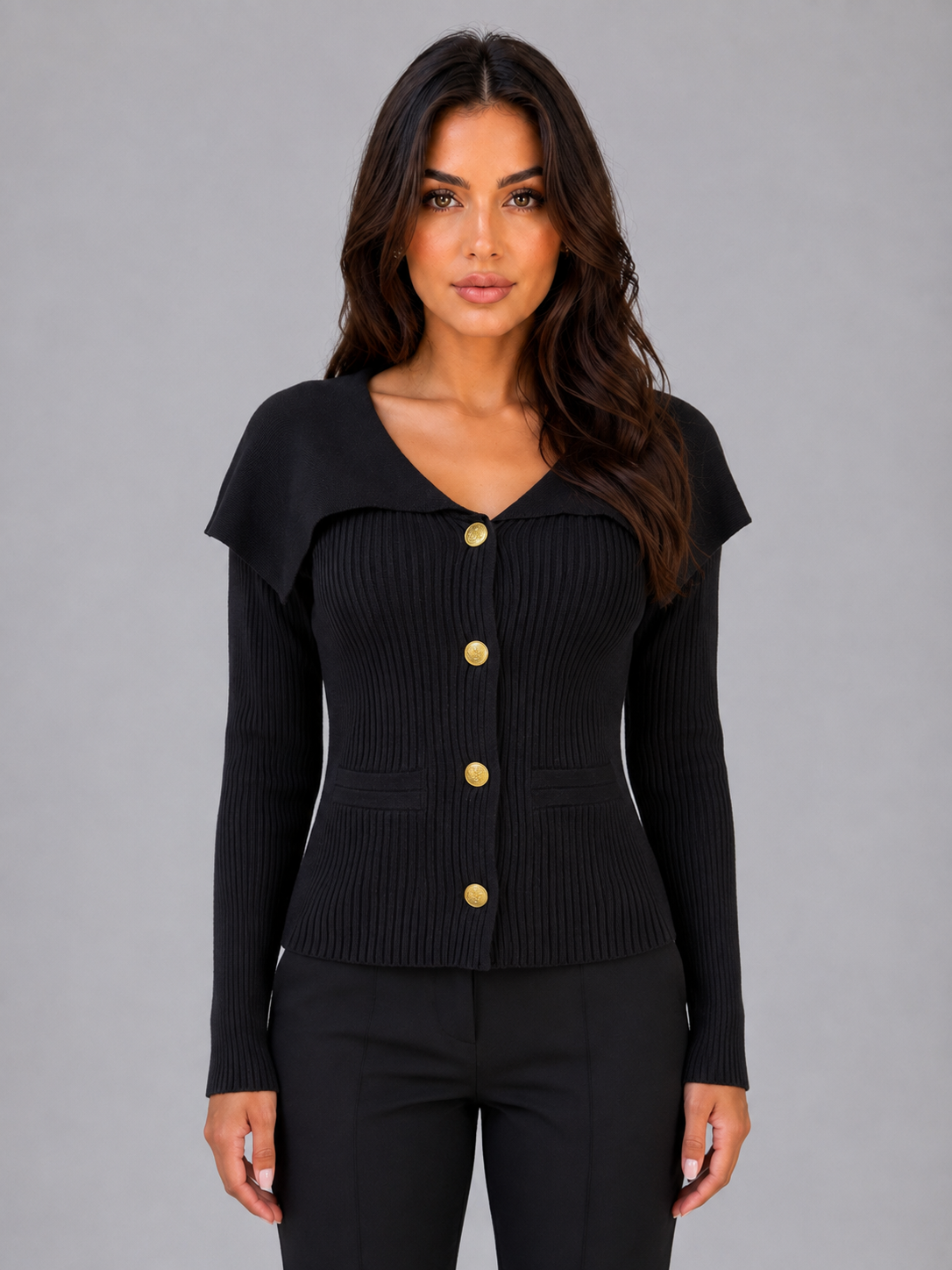 ULANI | GOLD BUTTON CAPE COLLAR CARDIGAN - Black