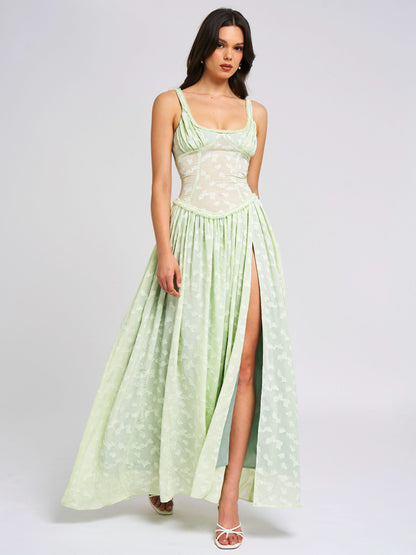 Pale green maxi dress with embroidered corset and flowing skirt