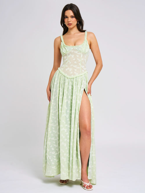 Light green floral maxi dress with corset bodice and high slit