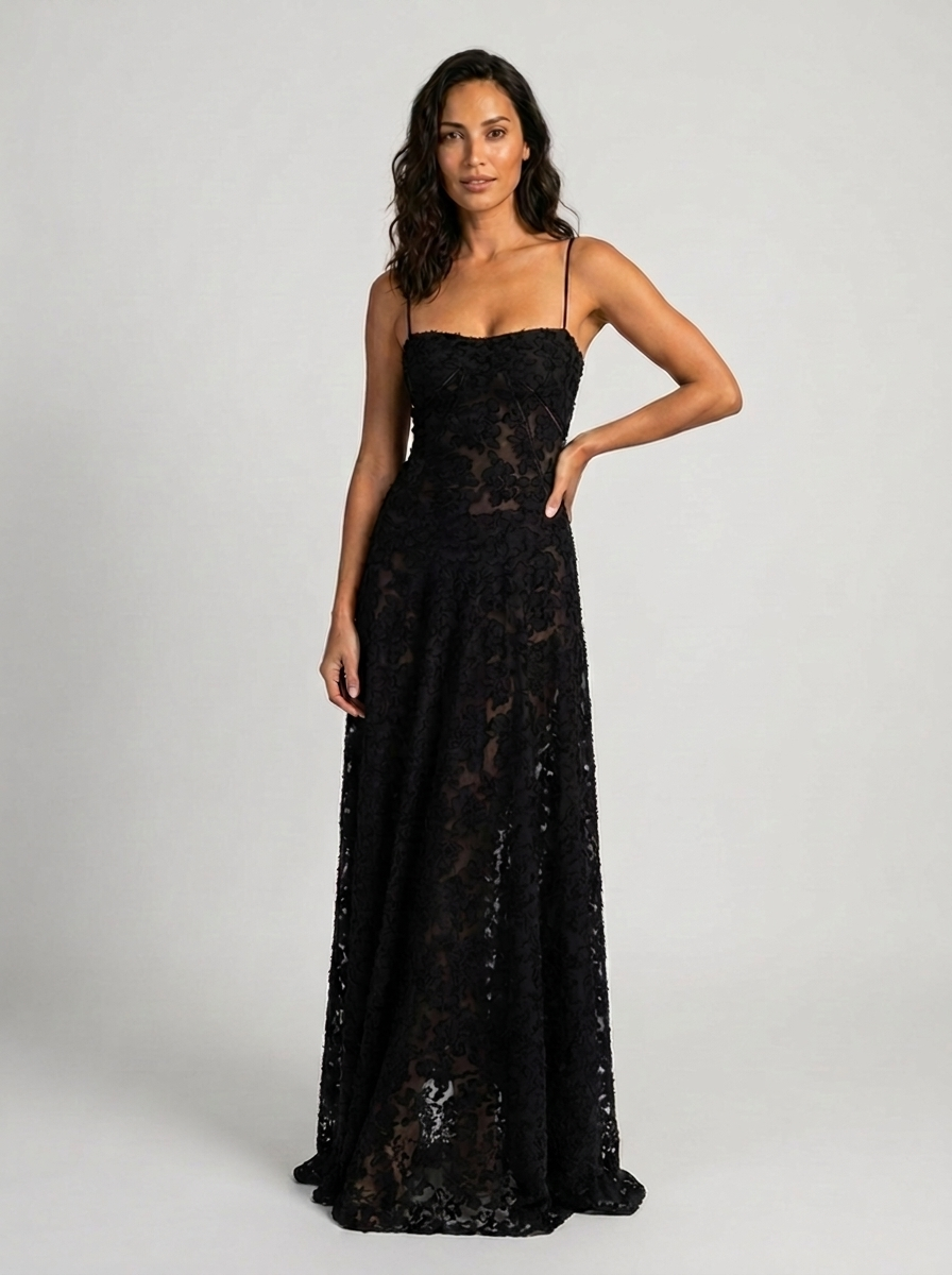 ULYANA | LACE CAMI LACE-UP BACK MAXI DRESS - Black