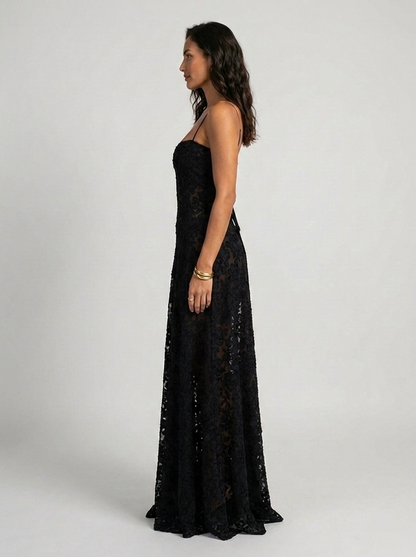 ULYANA | LACE CAMI LACE-UP BACK MAXI DRESS - Black