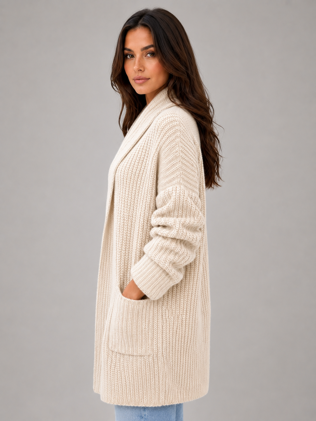 USHA | OPEN FRONT LONGLINE CARDIGAN - Beige