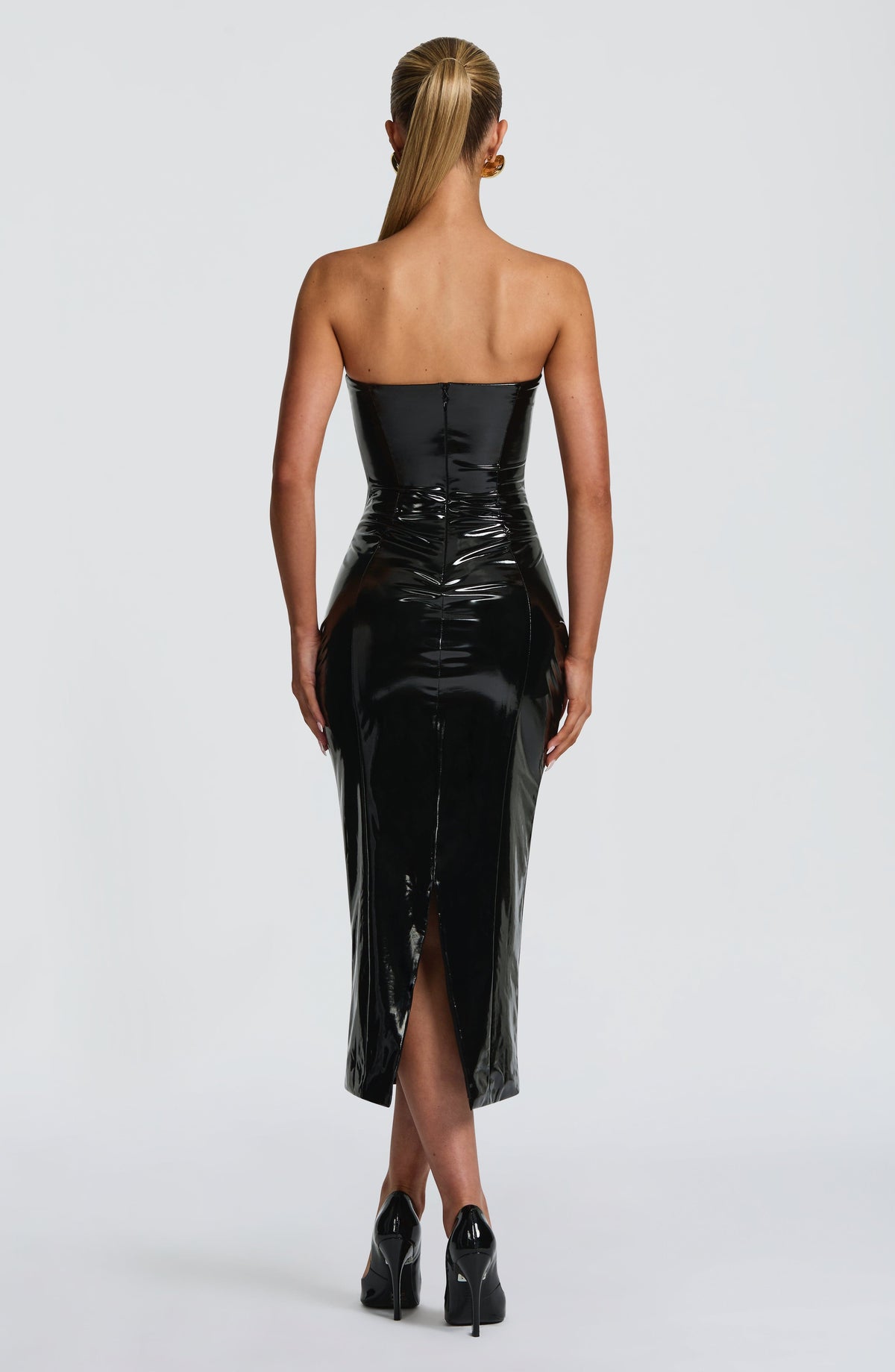 VALDA | HIGH SHINE BUSTIER MIDI DRESS - Black