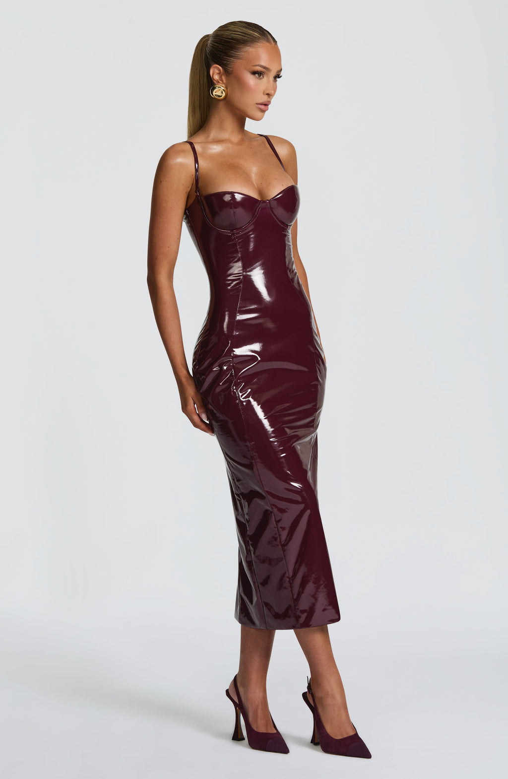 VALDA | HIGH SHINE BUSTIER MIDI DRESS - Burgundy