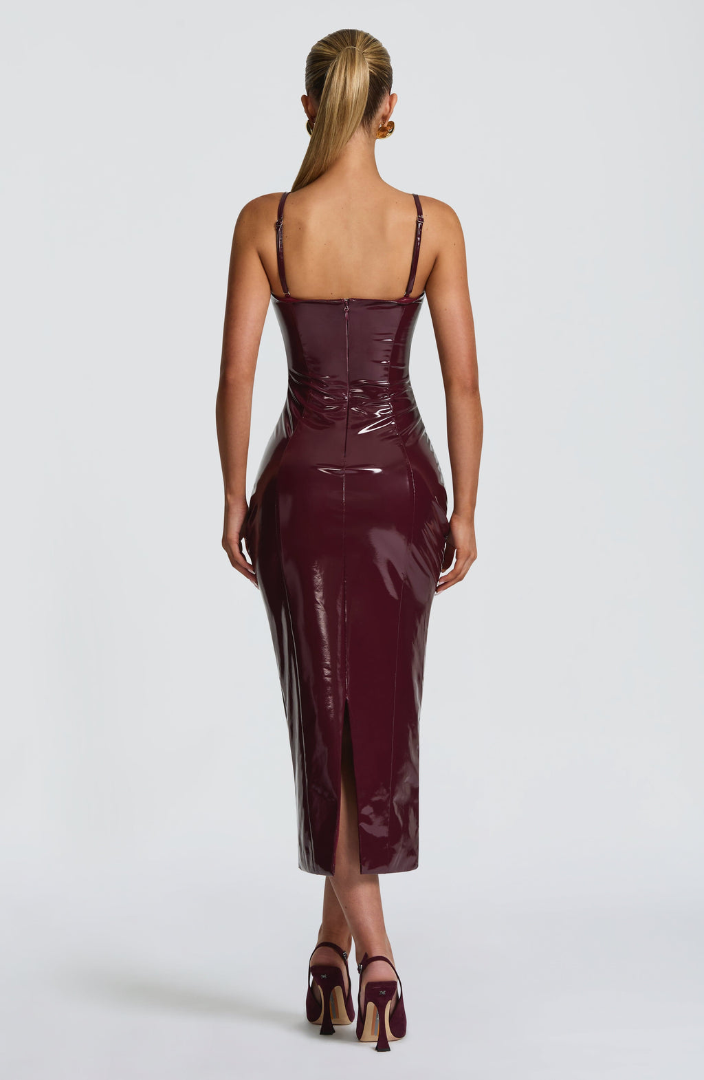 VALDA | HIGH SHINE BUSTIER MIDI DRESS - Burgundy