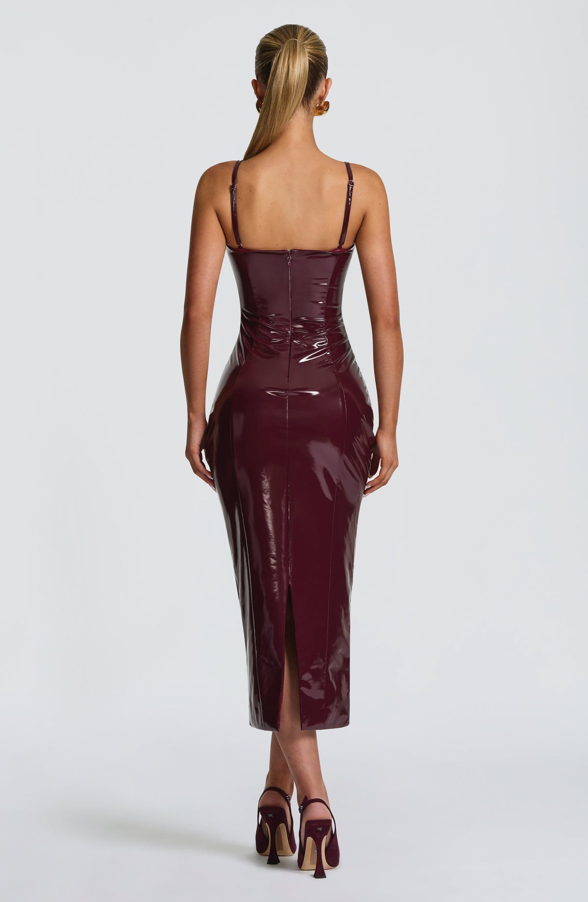 VALDA | HIGH SHINE BUSTIER MIDI DRESS - Burgundy