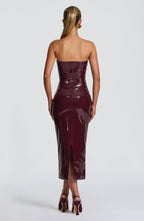VALDA | HIGH SHINE BUSTIER MIDI DRESS - Burgundy