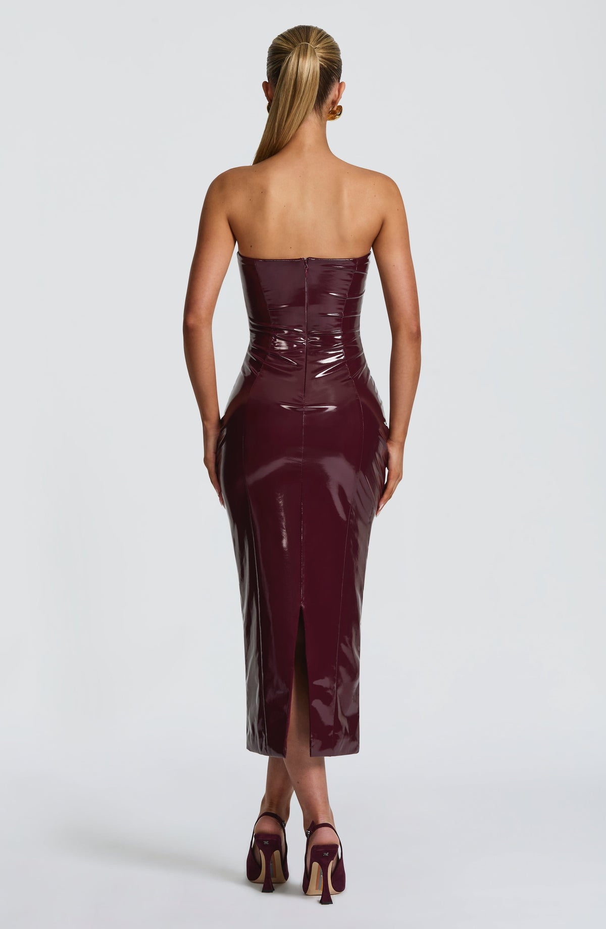 VALDA | HIGH SHINE BUSTIER MIDI DRESS - Burgundy