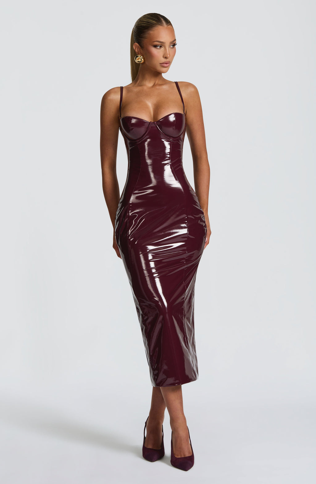 VALDA | HIGH SHINE BUSTIER MIDI DRESS - Burgundy