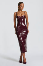 VALDA | HIGH SHINE BUSTIER MIDI DRESS - Burgundy