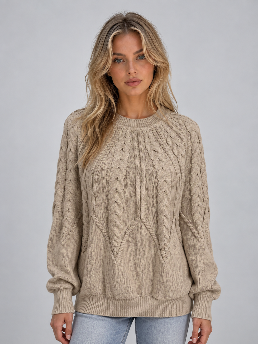 VALENTIA | CABLE KNIT CREW NECK SWEATER - Khaki