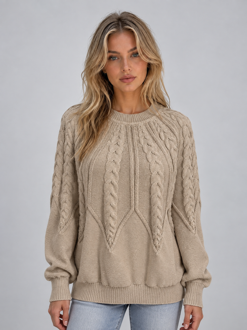 VALENTIA | CABLE KNIT CREW NECK SWEATER - Khaki